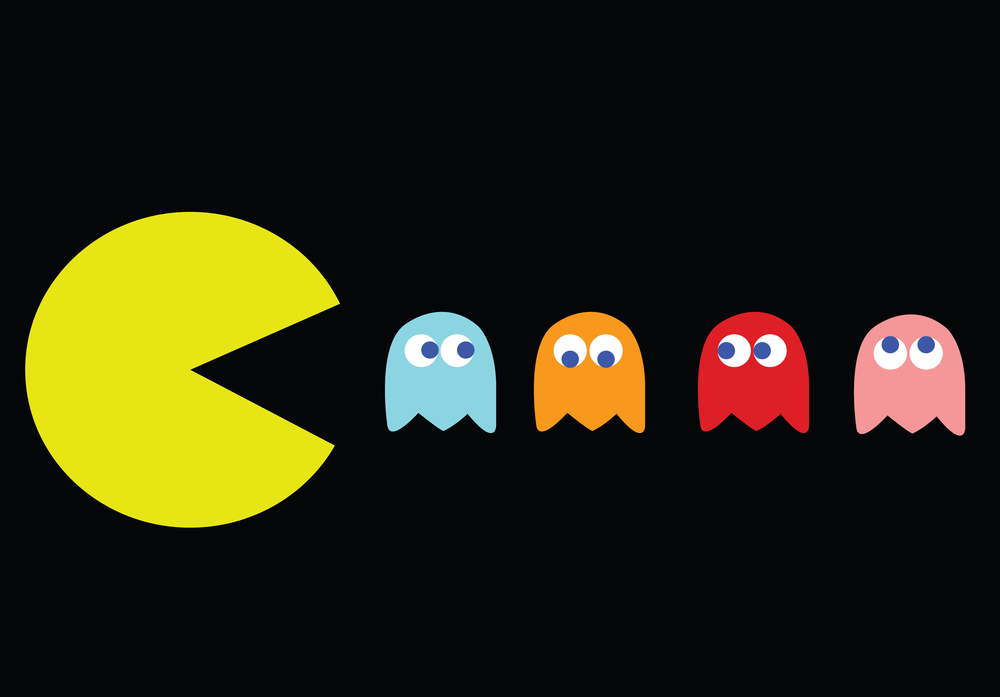 fundo preto, uma boca grande sugere que está atrás de fantasminhas menores enfileirados como os do jogo Pac-Man